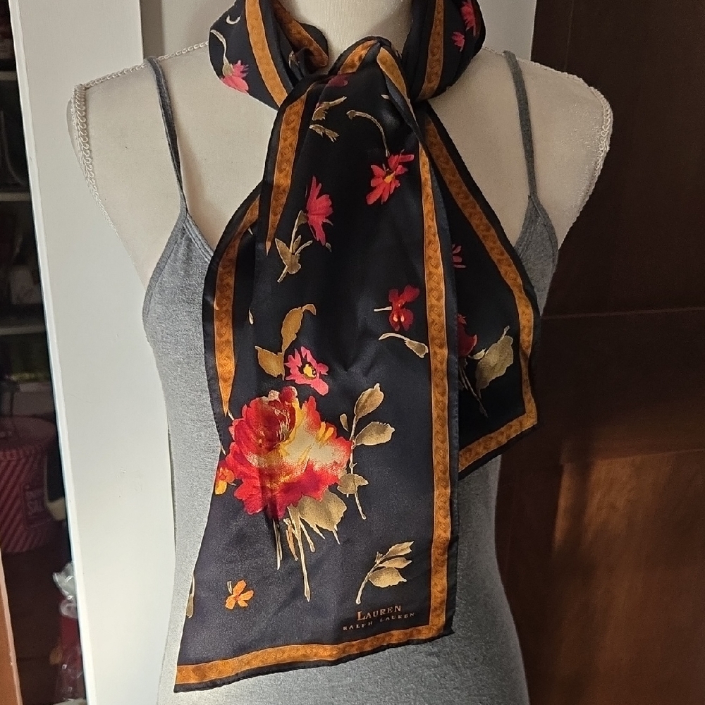 Lauren Ralph Lauren Silk 11.5 x 53 Long Black Floral Gold Banded Scarf